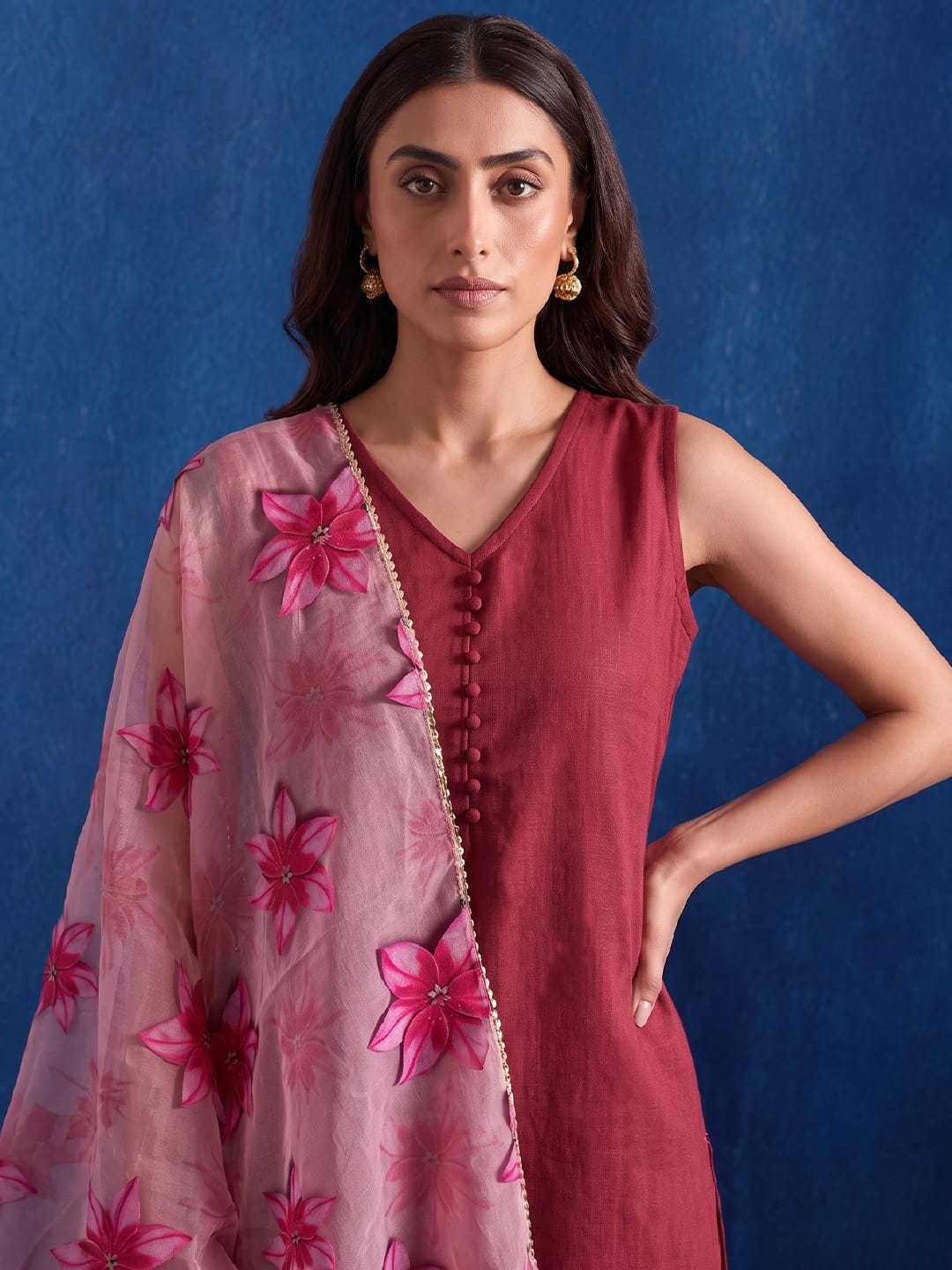 The Crimson Wine Floral Organza Women's Kurta Set