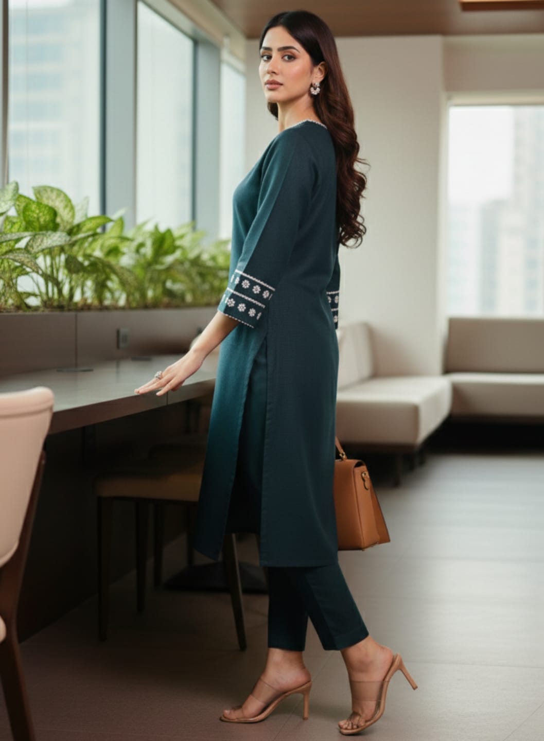 The Kurti Collection Women Bottle Green Embroidered Kurta Set