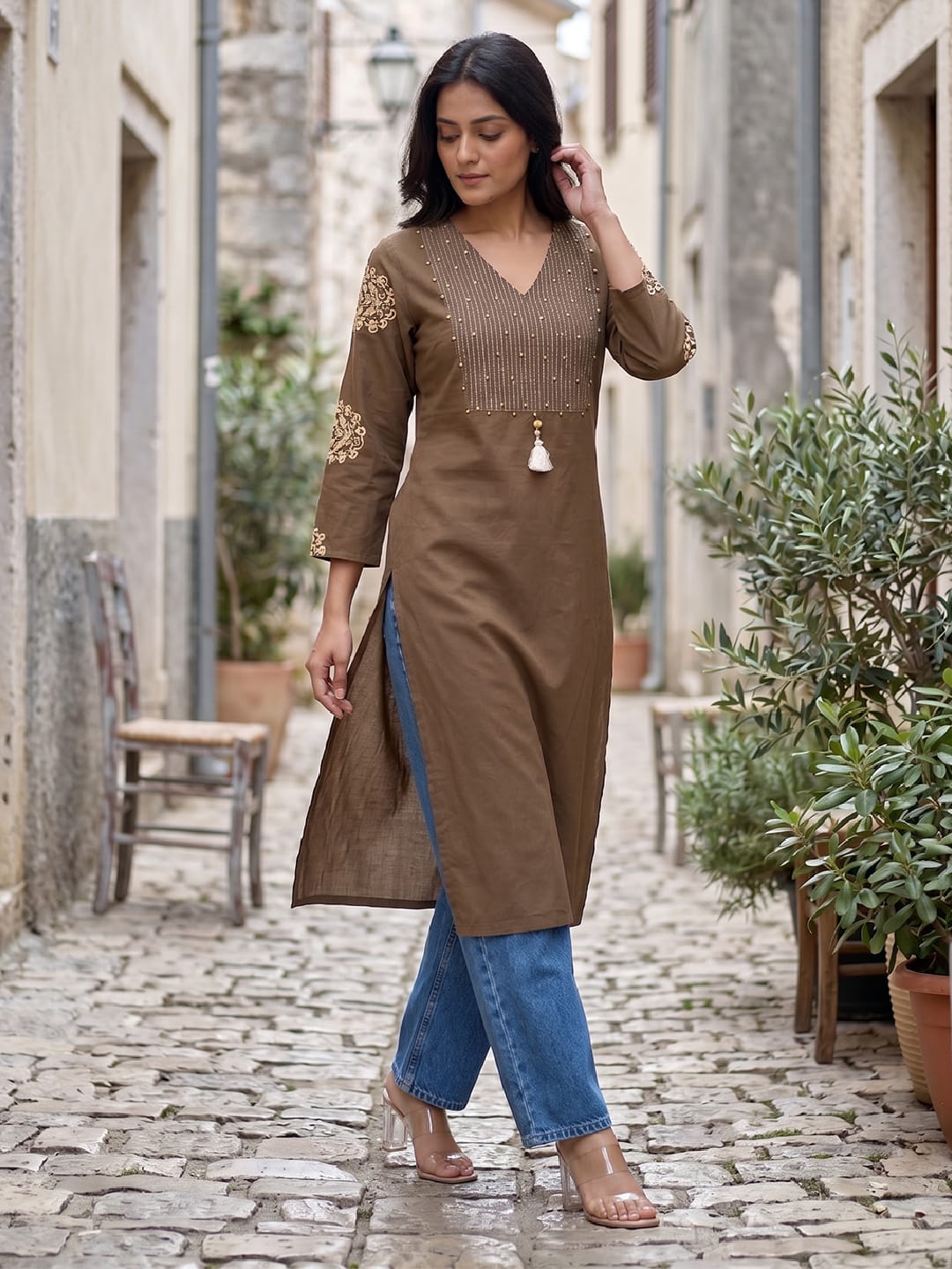 Straight Kurta With Embroidered Yoke
