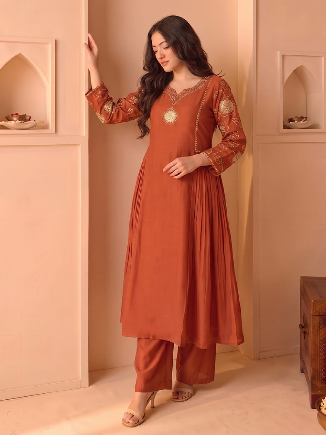 Rust Embroidered Shimmer Kurta Set With Embroidered Dupatta