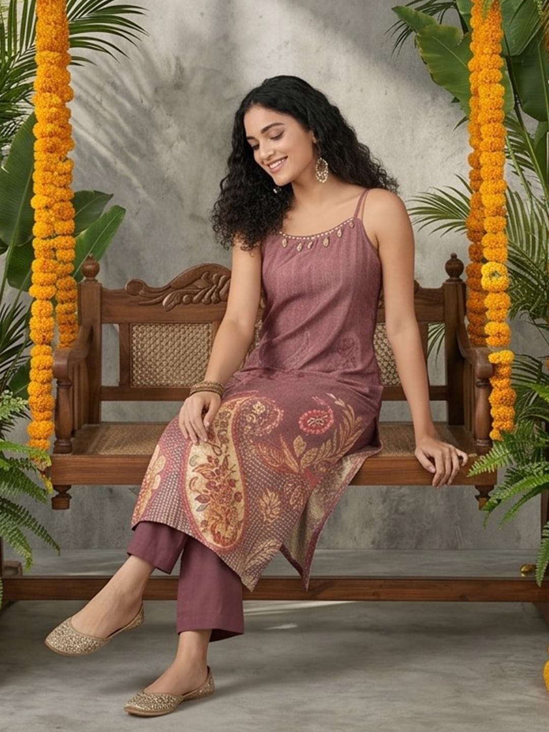 The Kurti Collection Women Spaghetti Strap Straight Floral Kurta With Trousers
