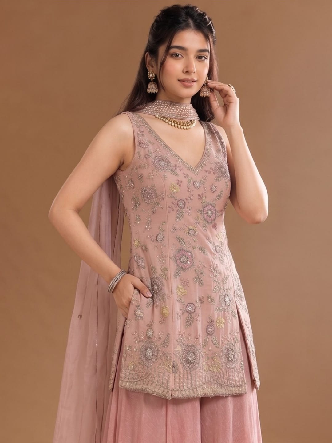 Women's Embroidered Shimmer Short Kurta With Palazzo And Dupatta