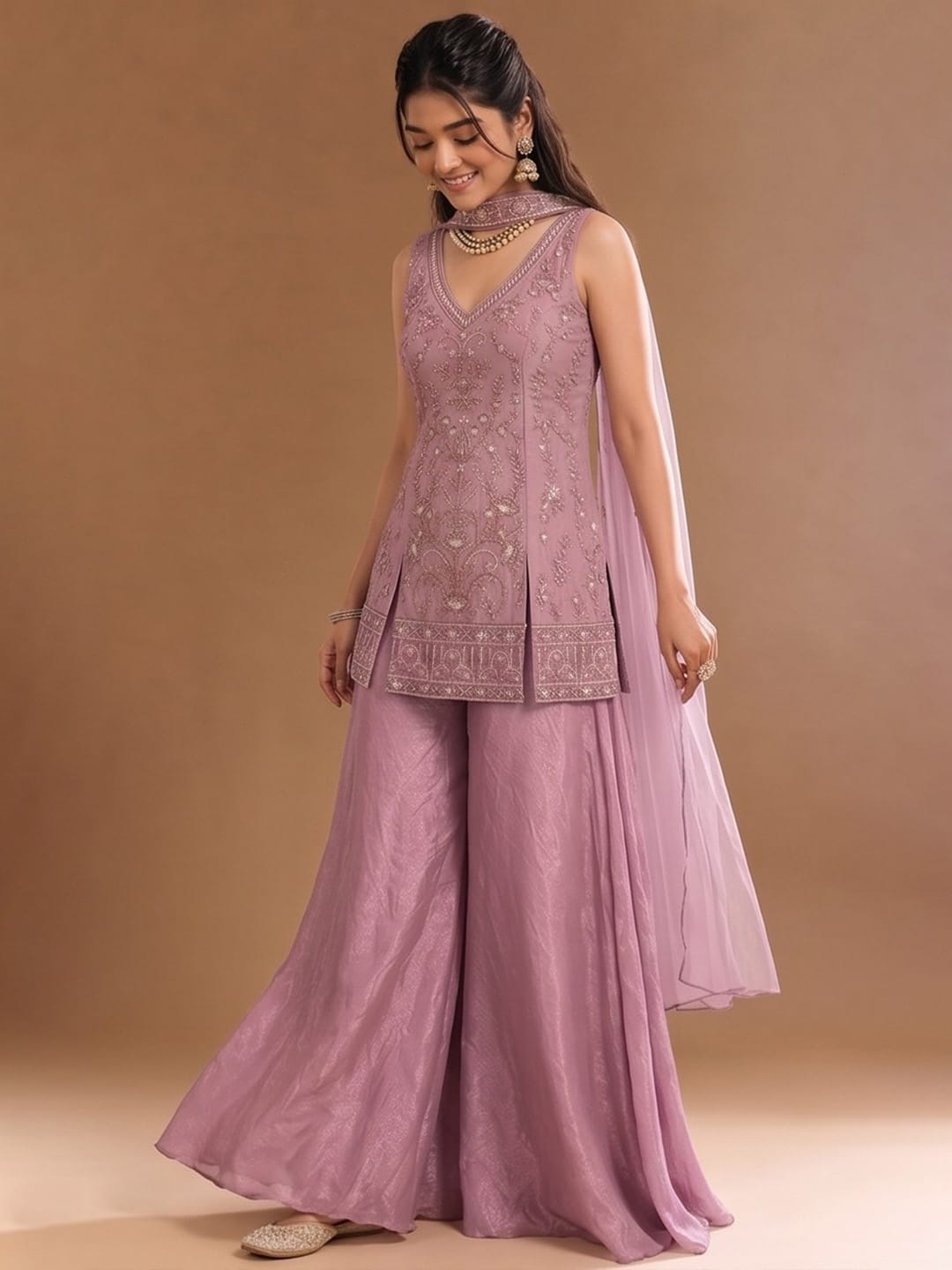 Women's Embroidered Shimmer Short Kurta With Palazzo And Dupatta