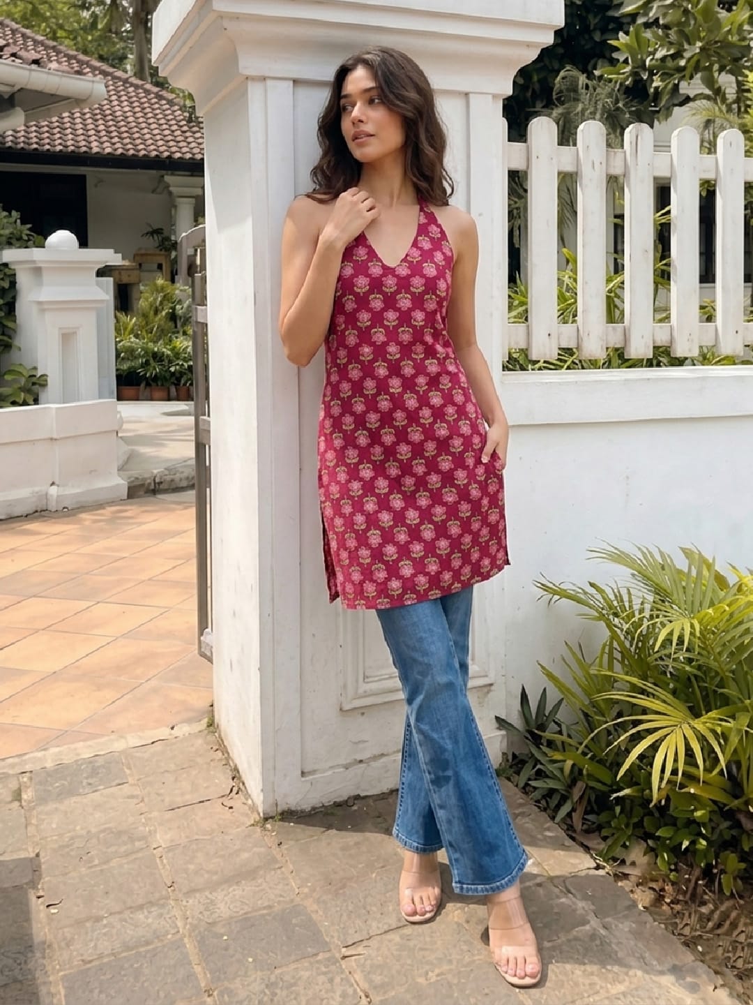 Women's Magenta Floral Halter-Neck Lace-Up Top
