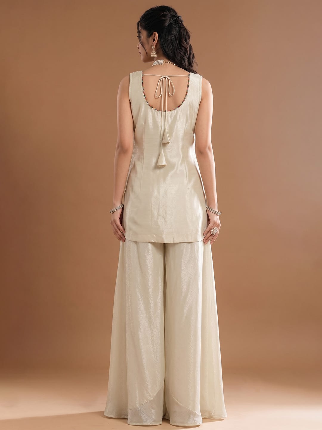 Women's Beads Embroidered Shimmer Short Kurta With Palazzo And Dupatta