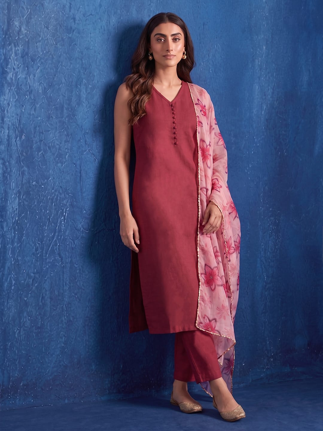 The Crimson Wine Floral Organza Women's Kurta Set
