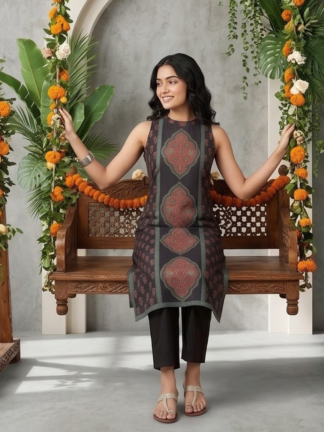 The Kurti Collection Women Sleeveless Panelled Floral Print Straight Fit Kurta Paired With Solid Trousers