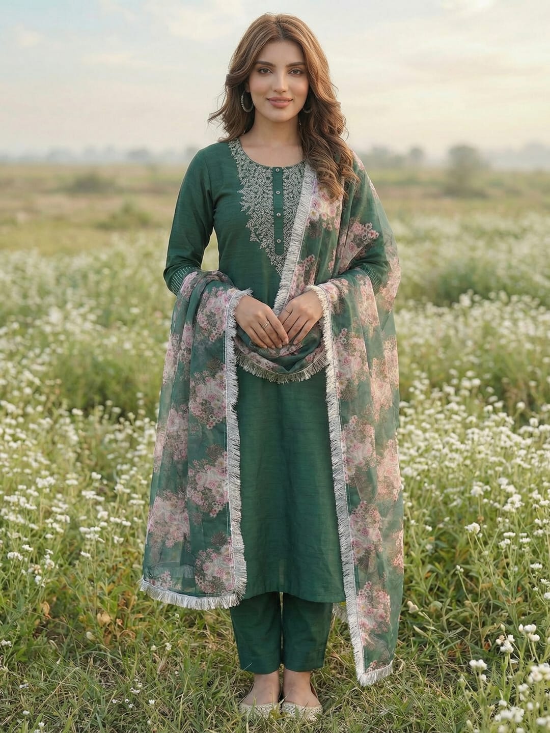The Kurti Collection Green embroidered kurta with tonal trouser and printed dupattta