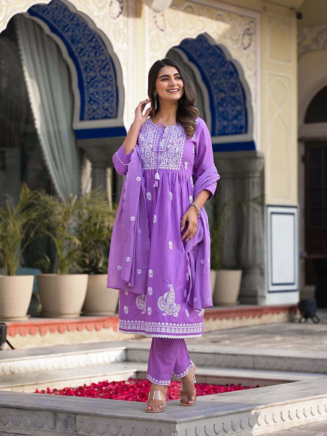 The Kurti Collection Lavender Thread Embroidered Kurta Paired With Tonal Bottom And Dupatta