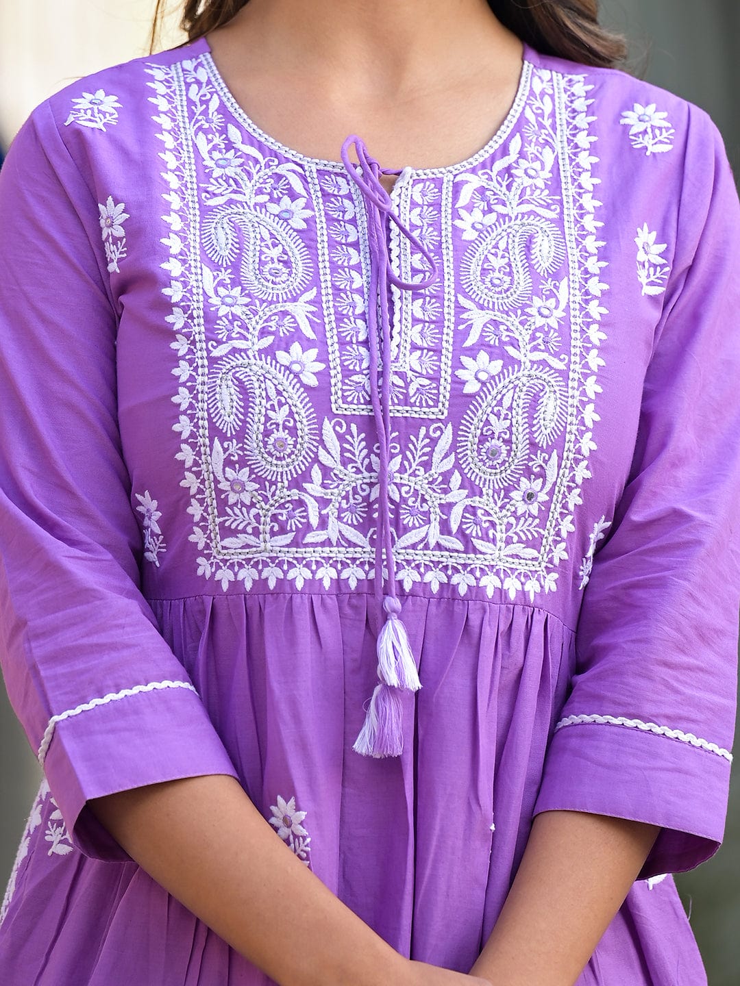 The Kurti Collection Lavender Thread Embroidered Kurta Paired With Tonal Bottom And Dupatta