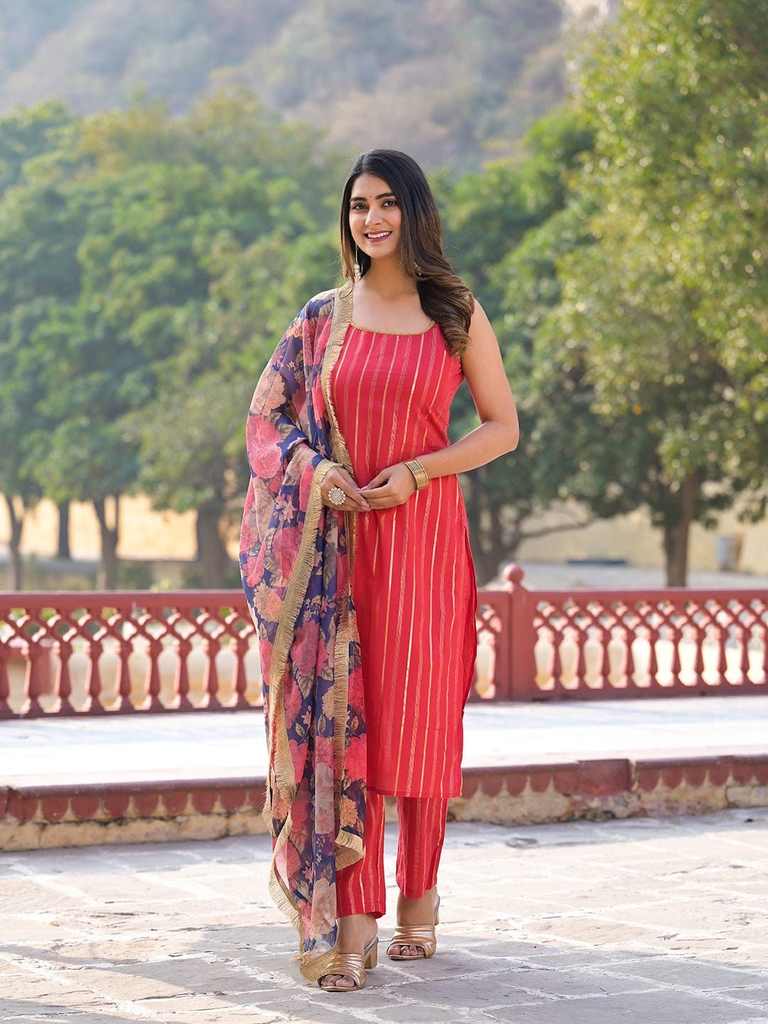 The Kurti Collection Women Women Pink Floral Printed Round Neck Gota Embellished Anarkali Kurta Paired With Tonal Bottom And Chiffon Solid Dupatta