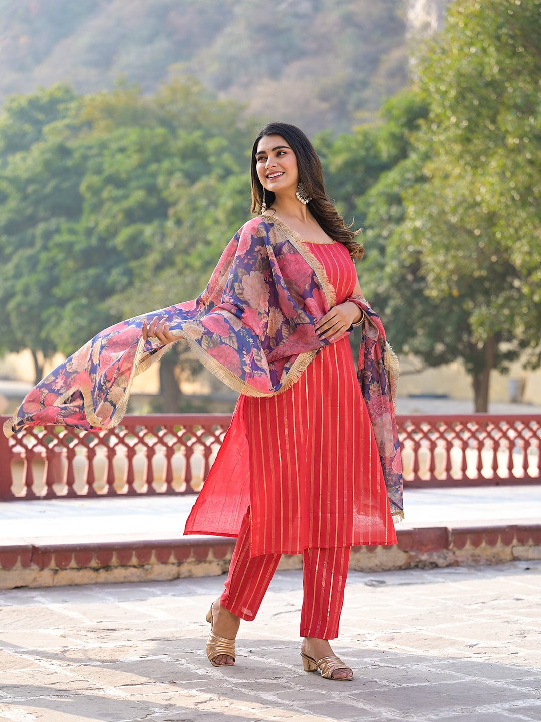 The Kurti Collection Women Women Pink Floral Printed Round Neck Gota Embellished Anarkali Kurta Paired With Tonal Bottom And Chiffon Solid Dupatta