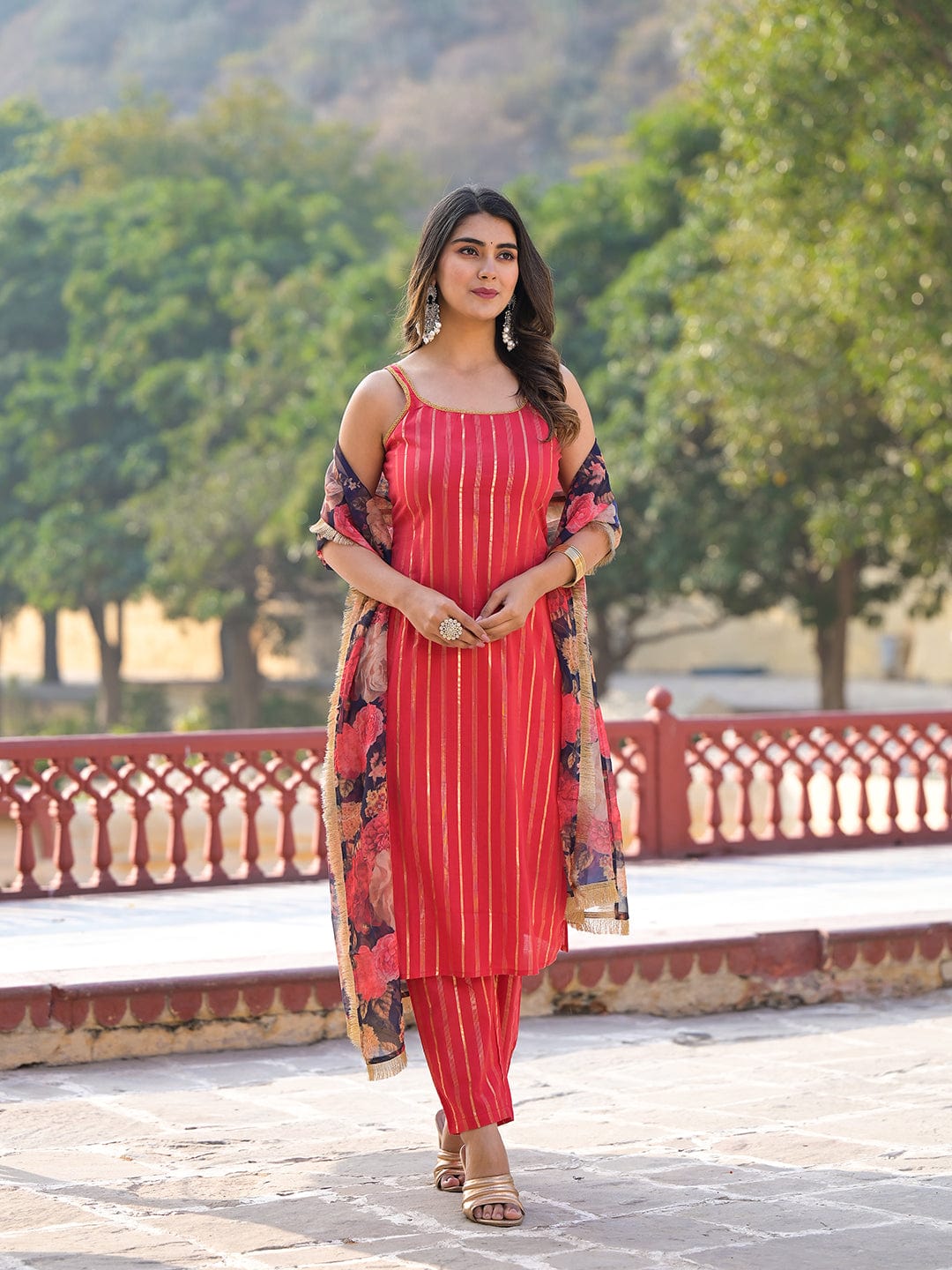The Kurti Collection Women Women Pink Floral Printed Round Neck Gota Embellished Anarkali Kurta Paired With Tonal Bottom And Chiffon Solid Dupatta