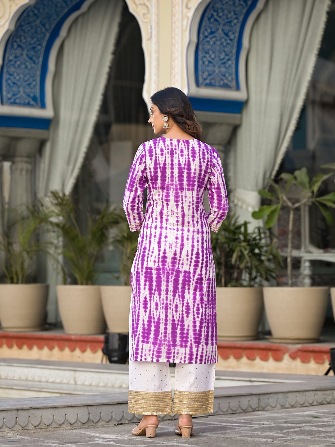 The Kurti Collection Women Purple Shibori Straight Kurta With Embellished Round Neck Js Vkur1240