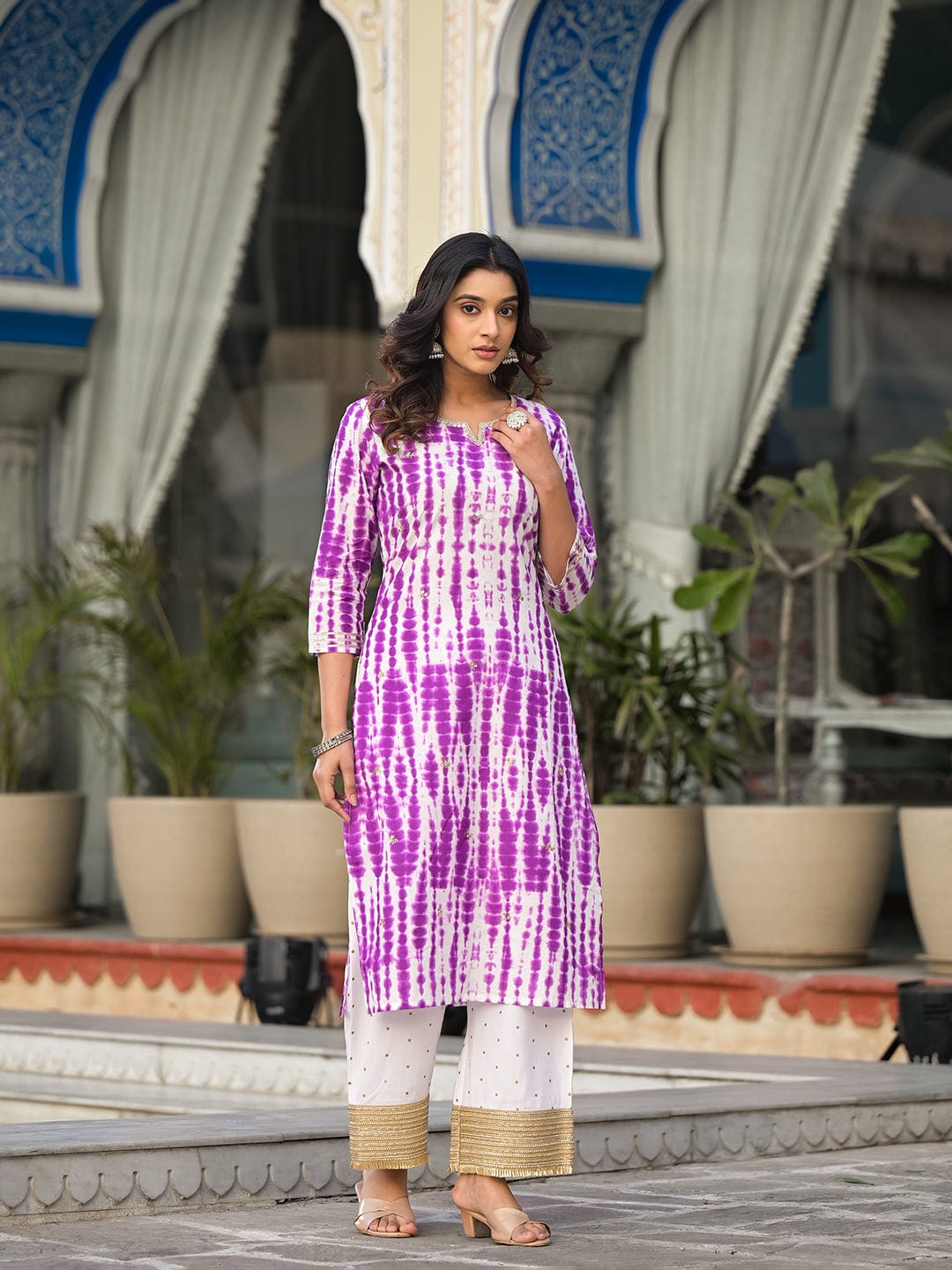 The Kurti Collection Women Purple Shibori Straight Kurta With Embellished Round Neck Js Vkur1240