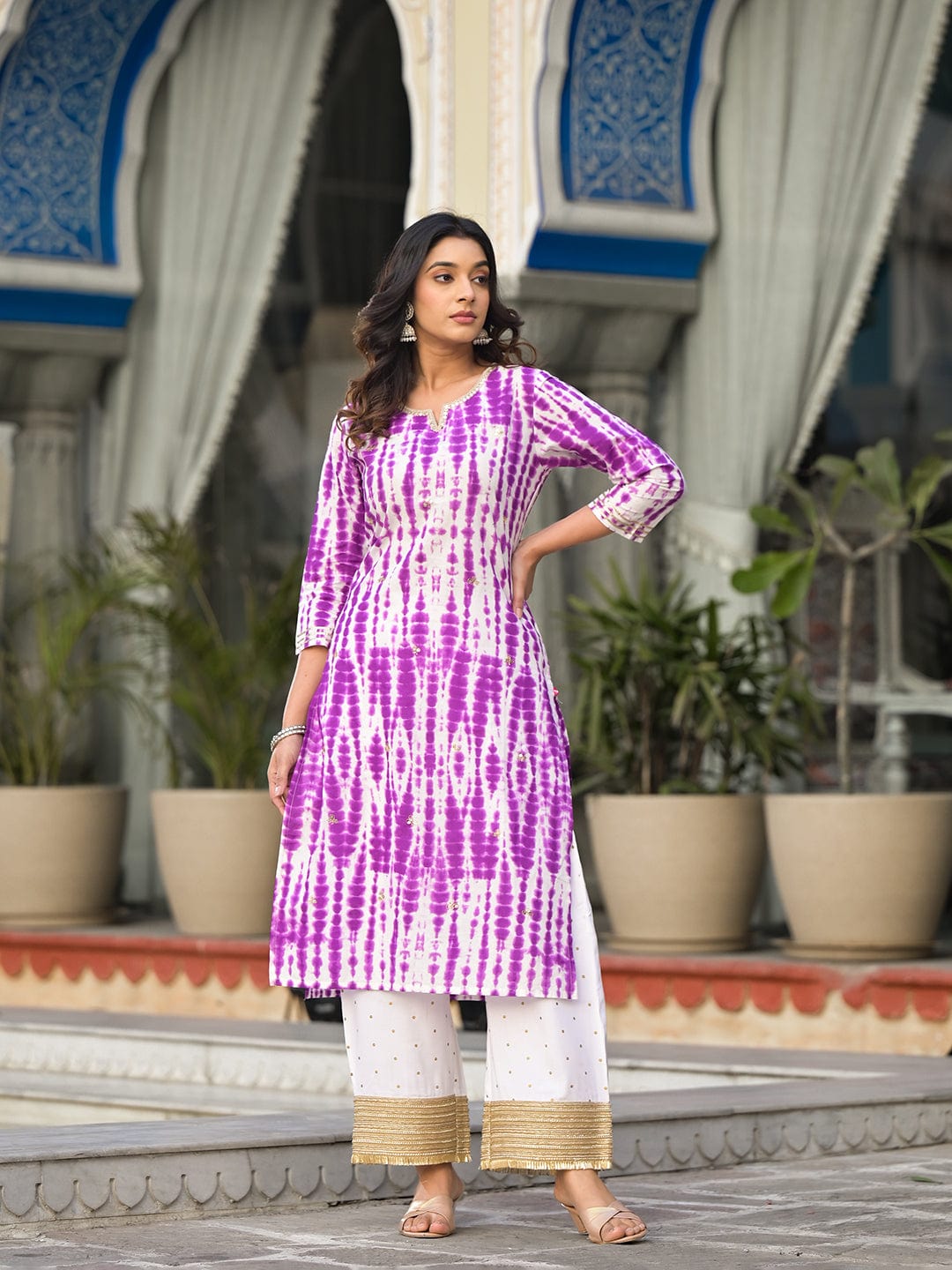 The Kurti Collection Women Purple Shibori Straight Kurta With Embellished Round Neck Js Vkur1240