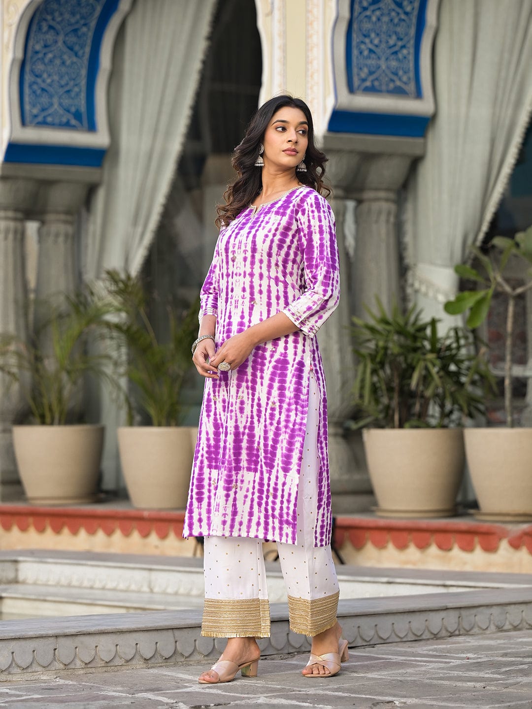 The Kurti Collection Women Purple Shibori Straight Kurta With Embellished Round Neck Js Vkur1240