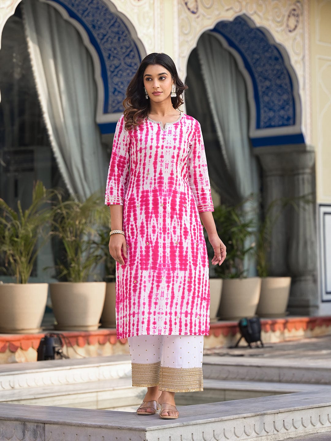 The Kurti Collection Women Pink Shibori Straight Kurta With Embellished Round Neck Js Vkur1028
