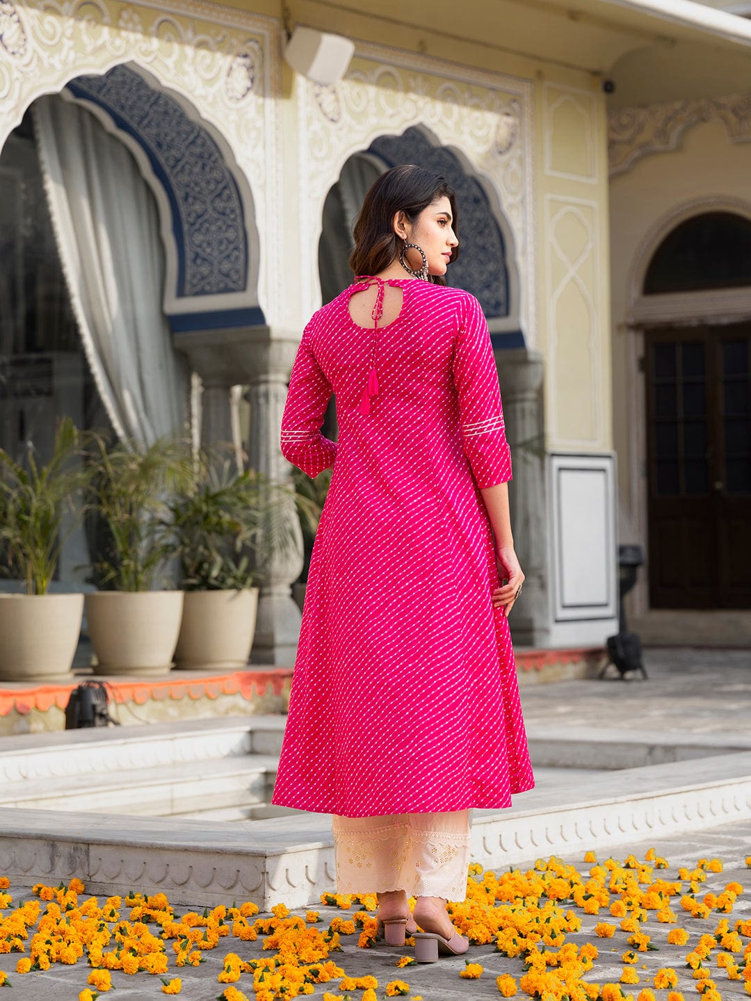 The Kurti Collection Women Pink & White Leheriya Printed Angrakha Kurta With Embroidery