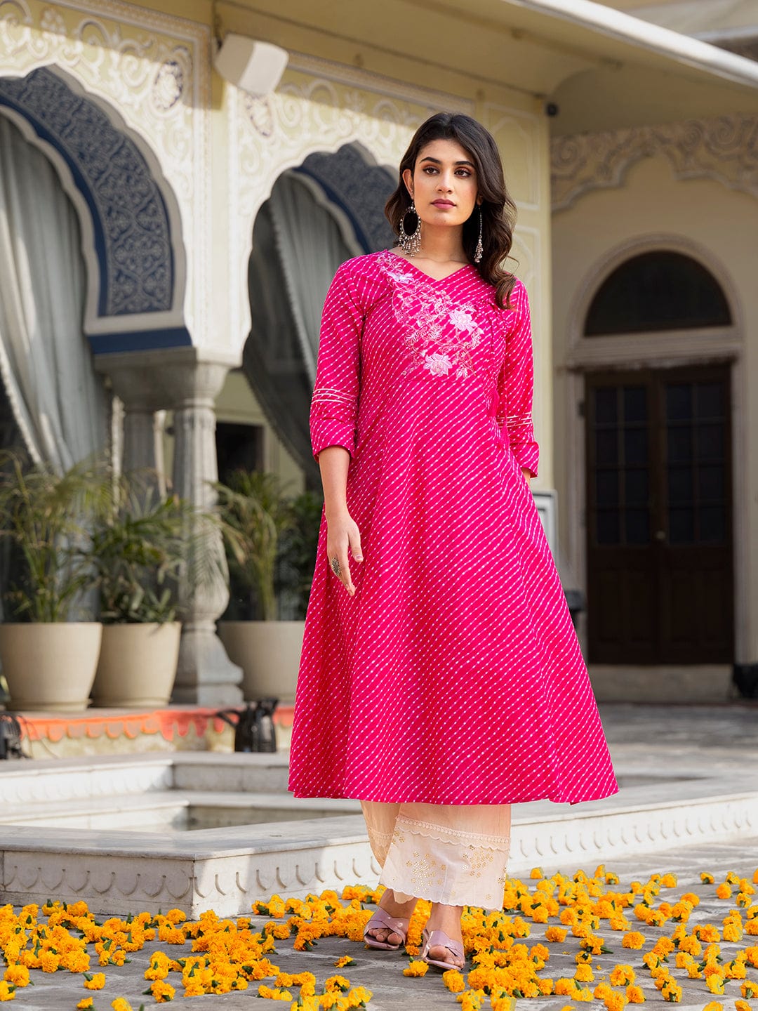 The Kurti Collection Women Pink & White Leheriya Printed Angrakha Kurta With Embroidery