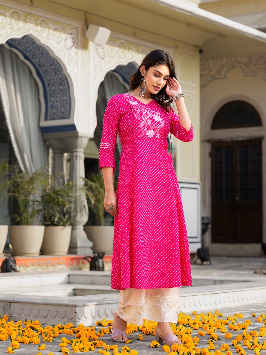 The Kurti Collection Women Pink & White Leheriya Printed Angrakha Kurta With Embroidery