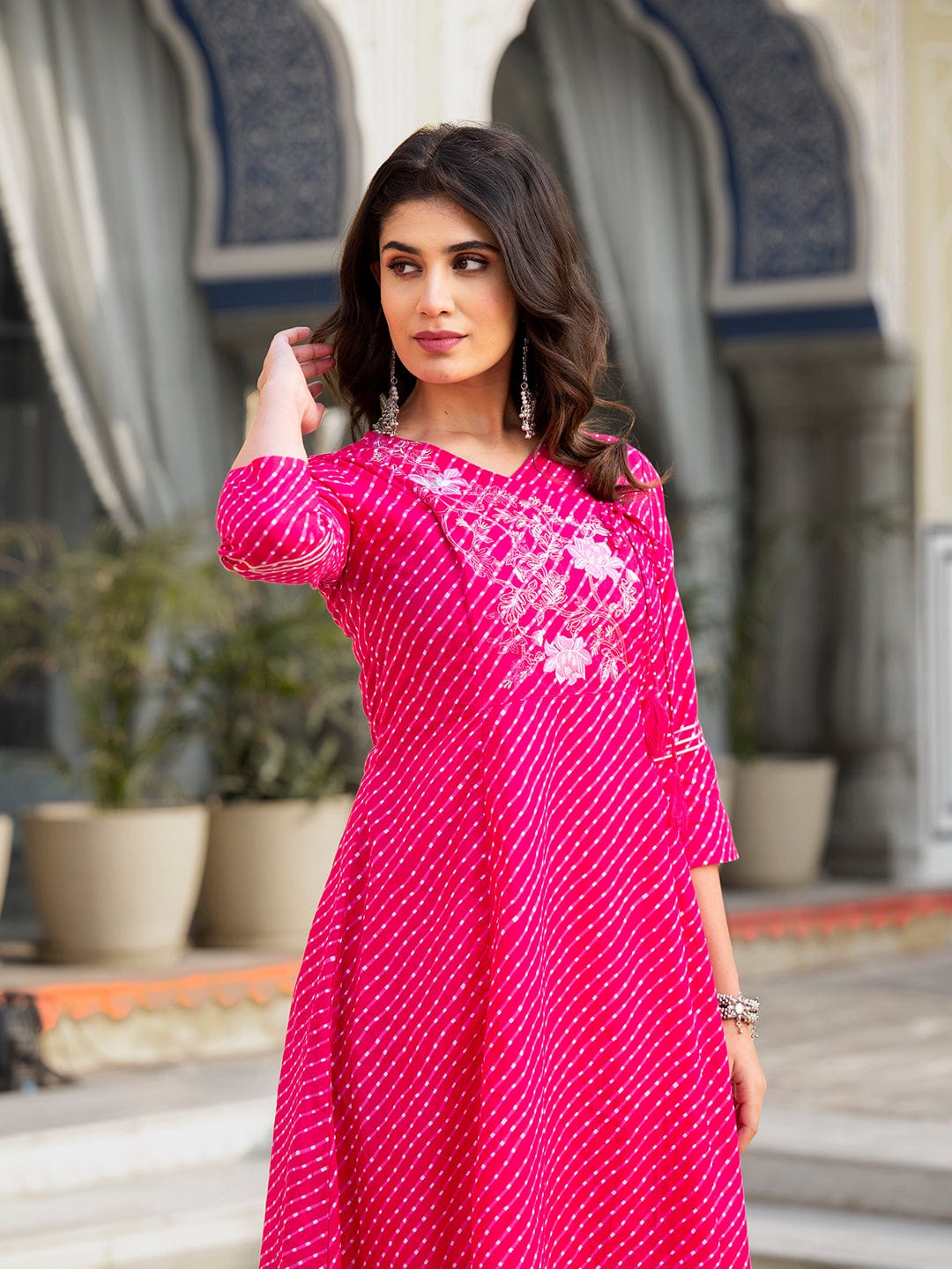 The Kurti Collection Women Pink & White Leheriya Printed Angrakha Kurta With Embroidery