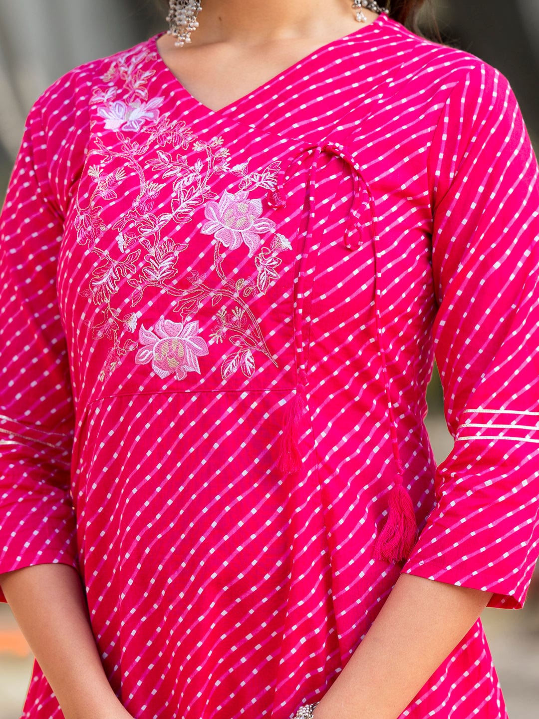 The Kurti Collection Women Pink & White Leheriya Printed Angrakha Kurta With Embroidery