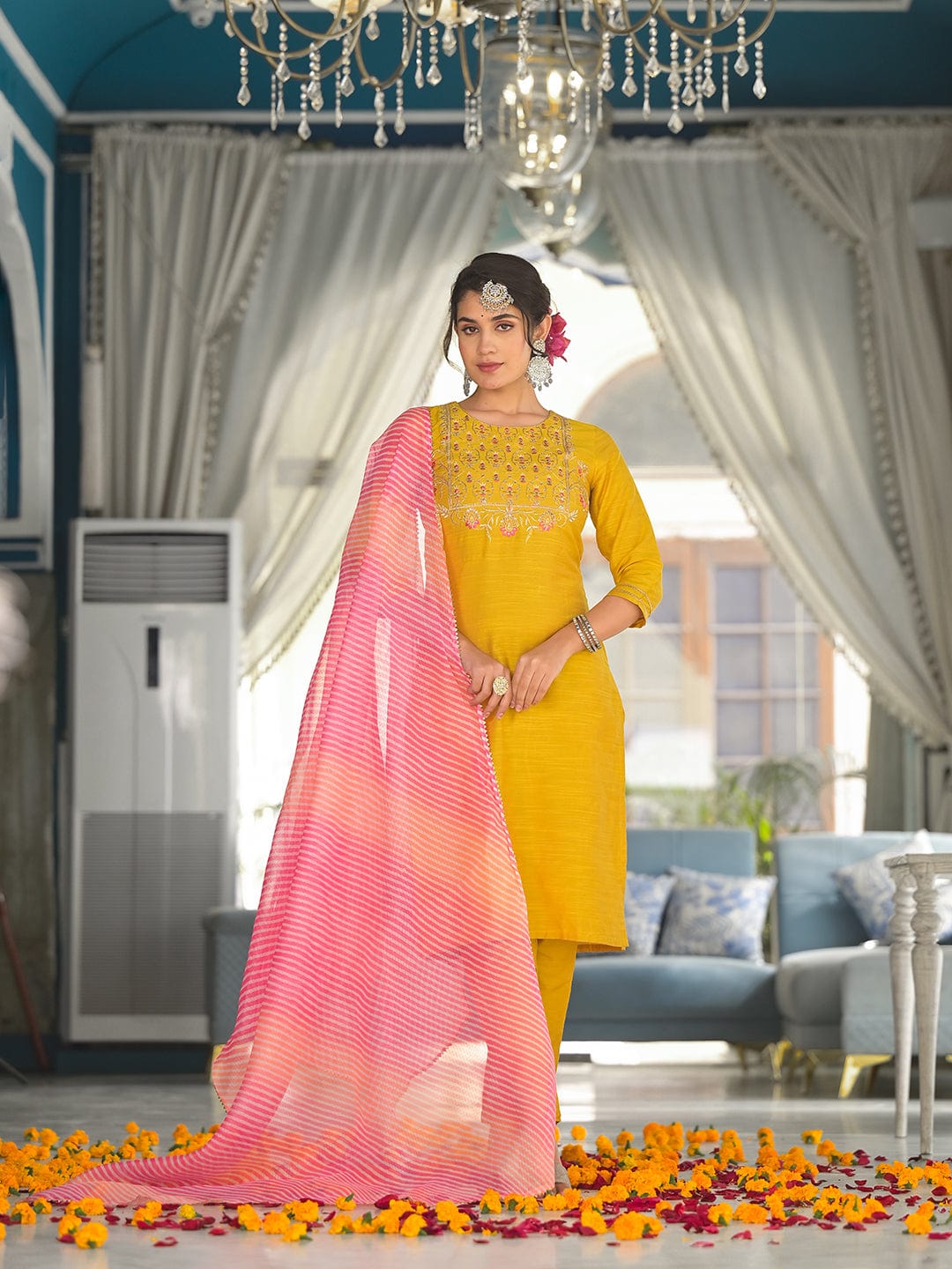 The Kurti Collection yellow yoke embroidered kurta paired with tonal bottom and lehariya dupatta