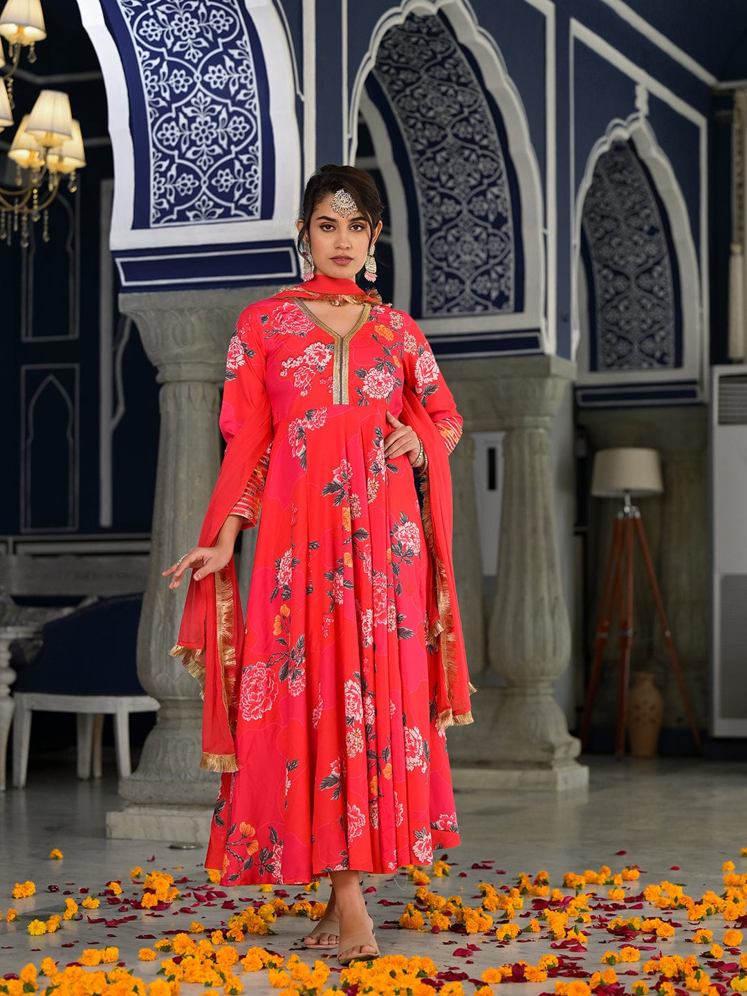 KSUT Pink Floral Printed V Neck Anarkali Kurta Paired With Tonal Chiffon Dupatta With Fringes