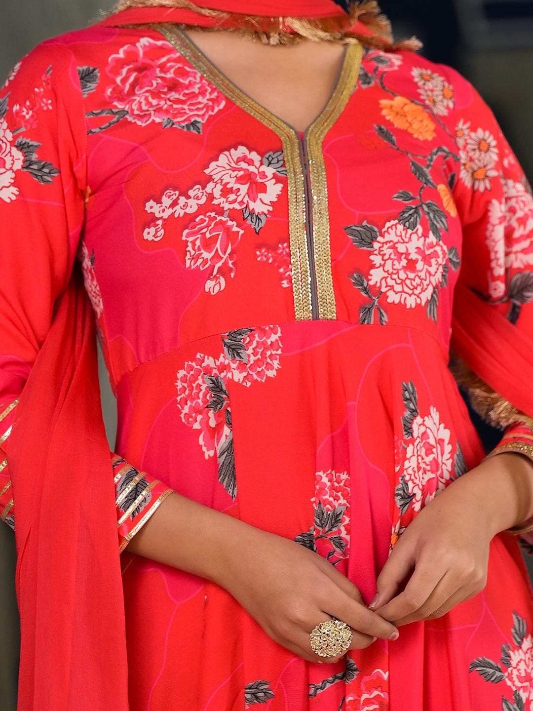 KSUT Pink Floral Printed V Neck Anarkali Kurta Paired With Tonal Chiffon Dupatta With Fringes