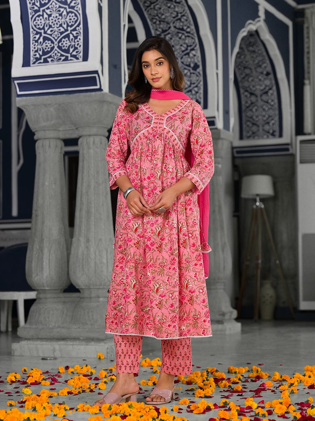 The Kurti Collection Pink floral printed a-line kurta with side slits paired with tonal bottom and dupatta