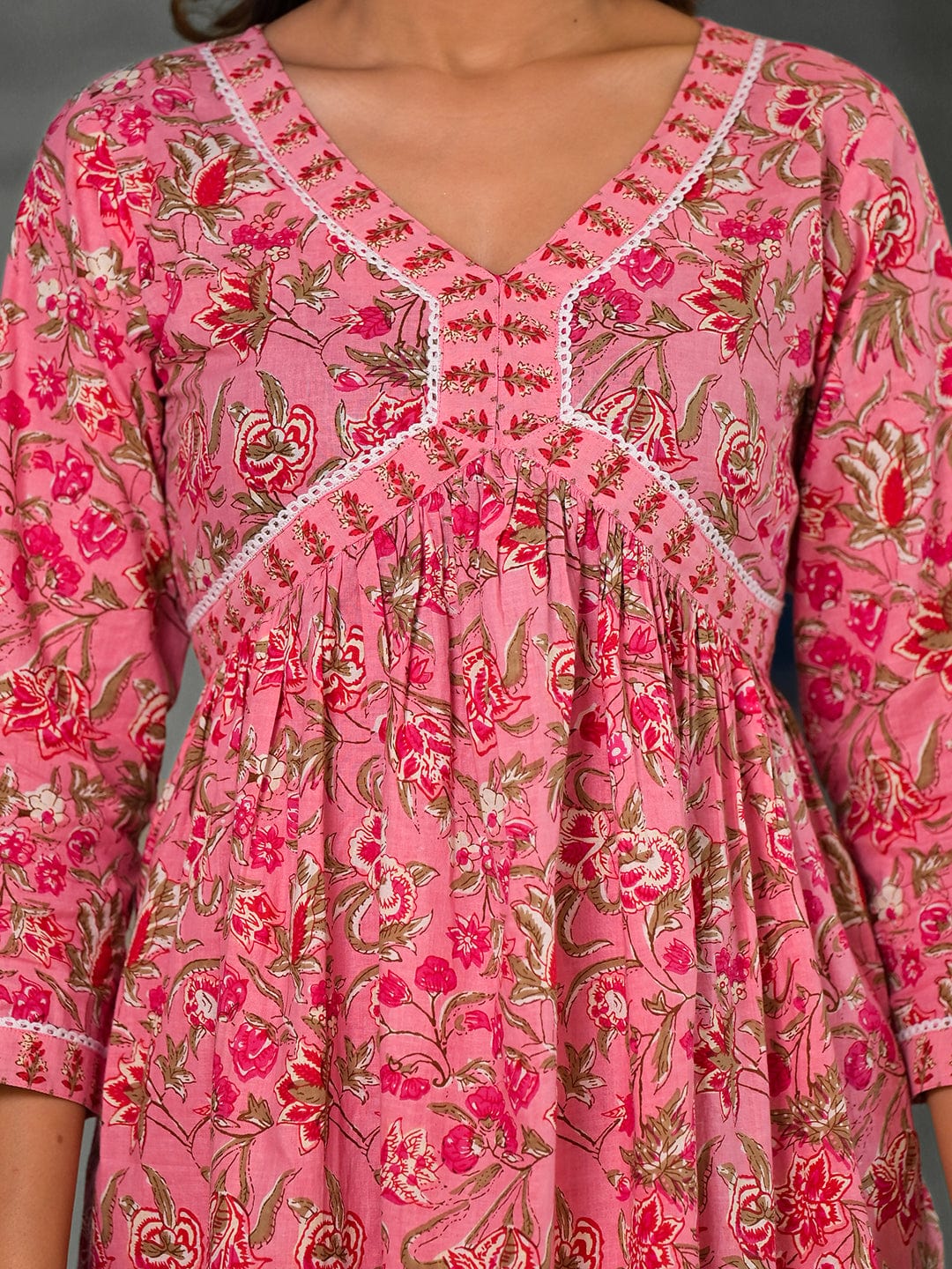 The Kurti Collection Pink floral printed a-line kurta with side slits paired with tonal bottom and dupatta