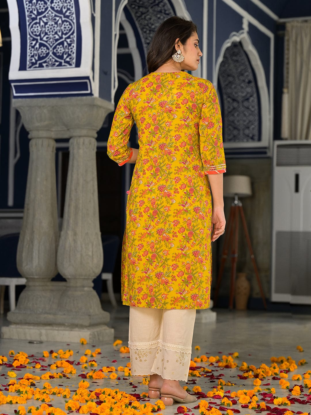 The Kurti Collection Yellow And Peach Straight Floral Printed Kurta With Round Neck And Having Gota Work On Yoke