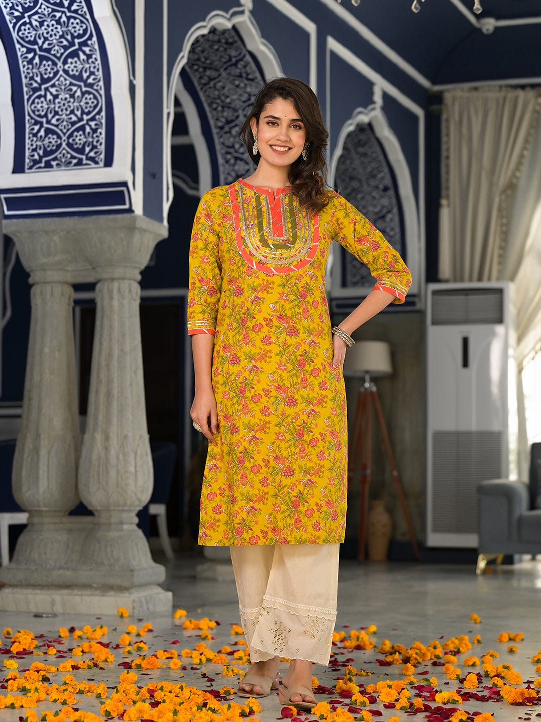 The Kurti Collection Yellow And Peach Straight Floral Printed Kurta With Round Neck And Having Gota Work On Yoke