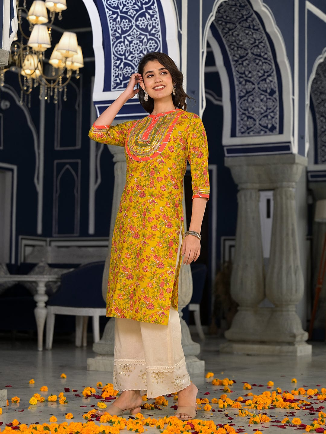 The Kurti Collection Yellow And Peach Straight Floral Printed Kurta With Round Neck And Having Gota Work On Yoke
