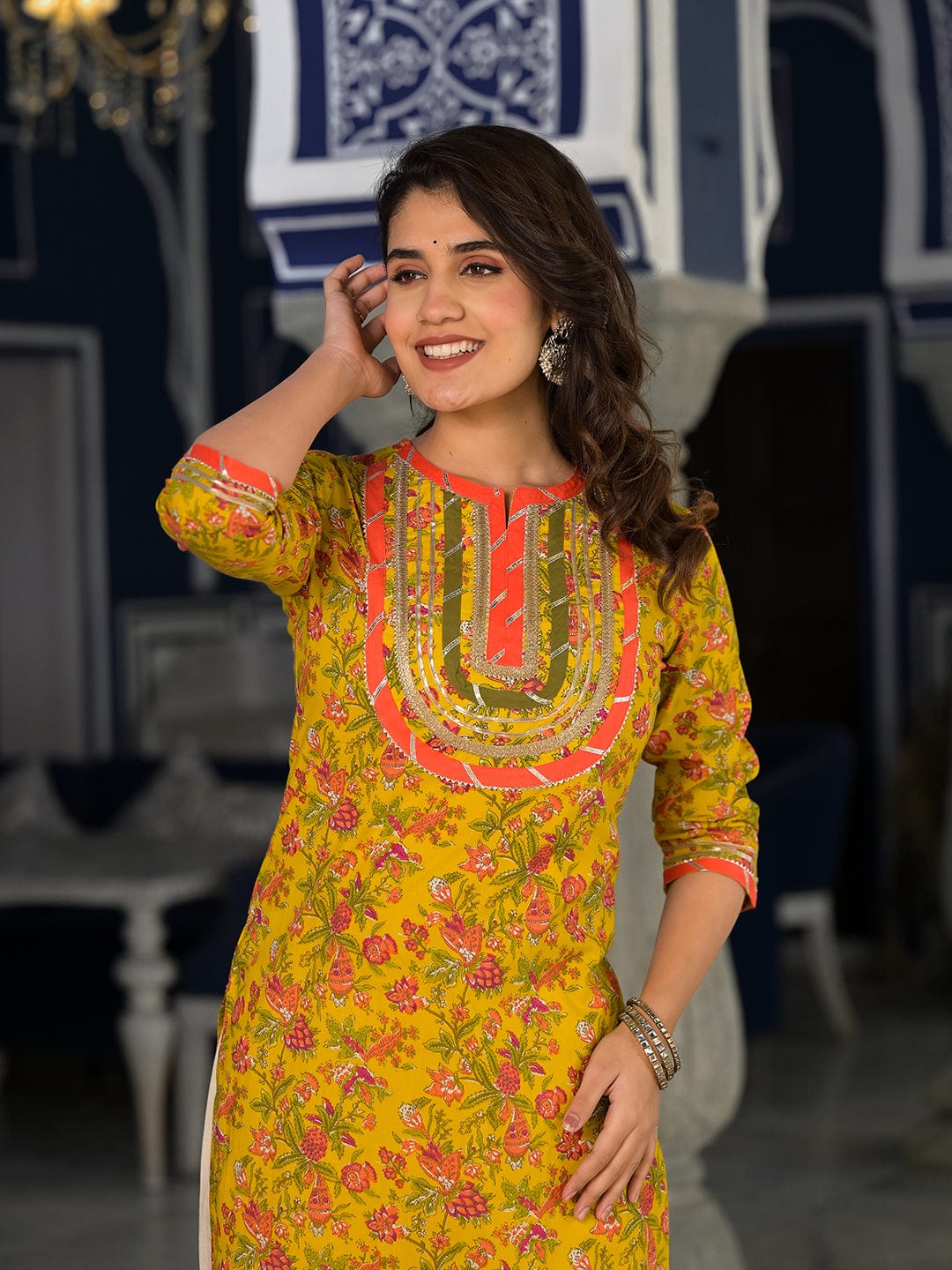 The Kurti Collection Yellow And Peach Straight Floral Printed Kurta With Round Neck And Having Gota Work On Yoke