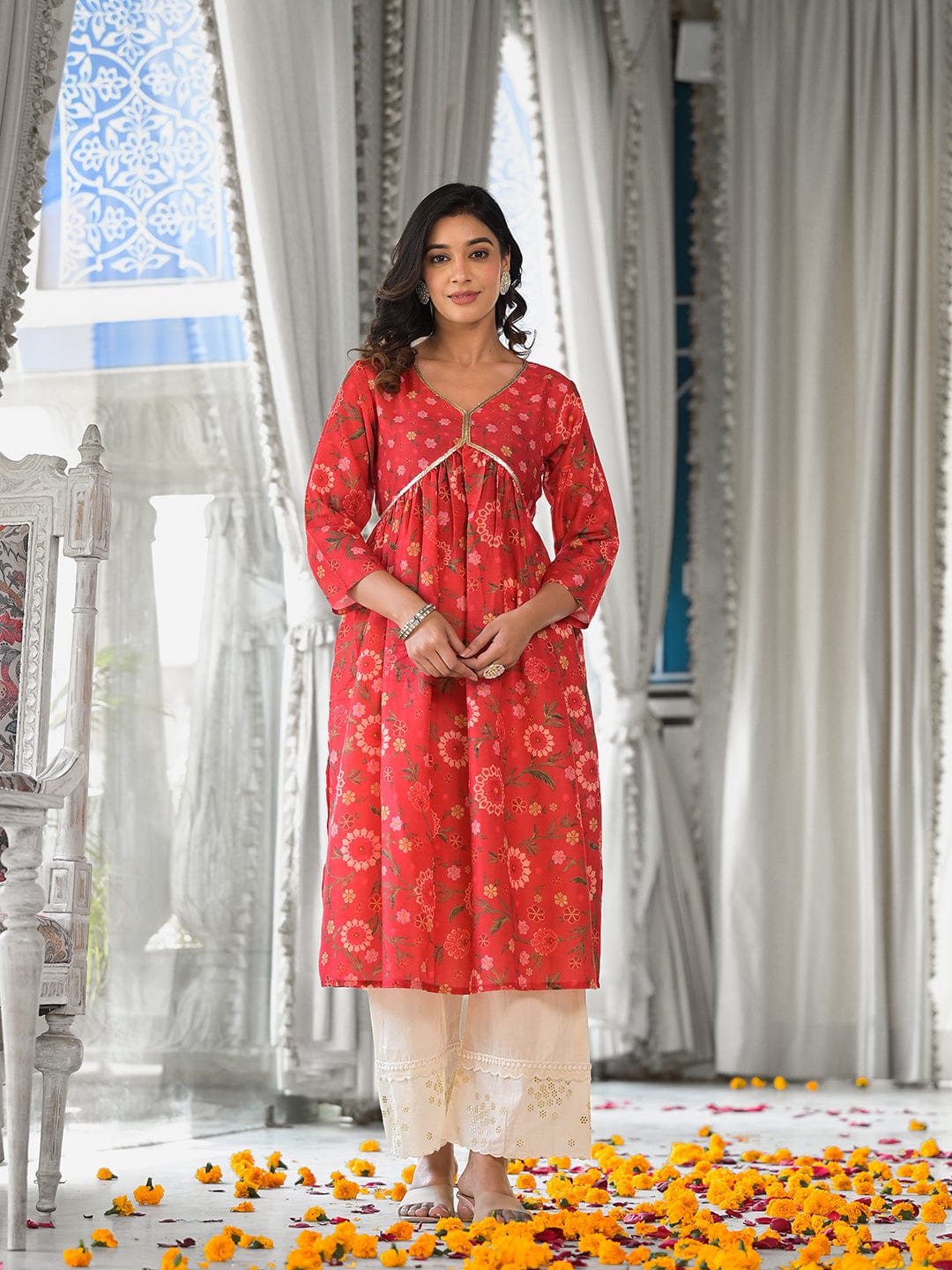 KSUT Women Red Floral Printed Sequin Embellished A-Line Kurta With Three Quater Sleeves