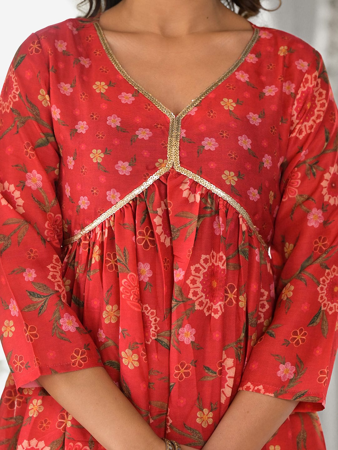 KSUT Women Red Floral Printed Sequin Embellished A-Line Kurta With Three Quater Sleeves
