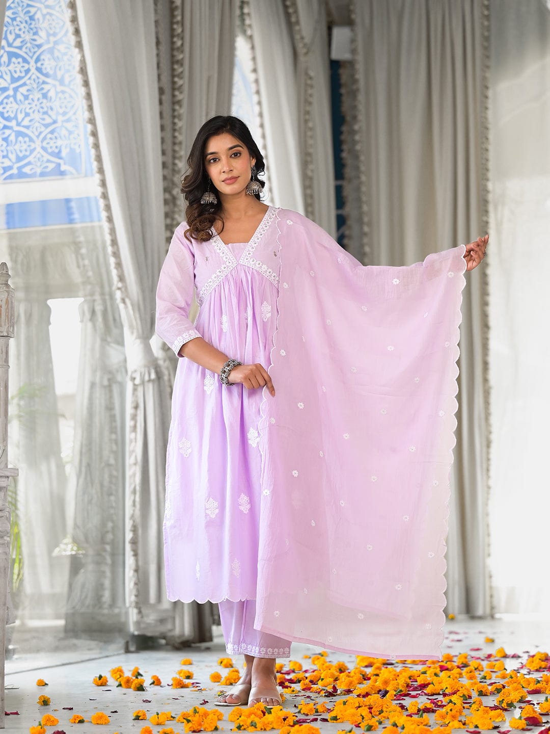 The Kurti Collection Women Lavender Embroidered A-Line Empire Kurta Paired With Tonal Bottom And Tonal Embroidered Dupatta