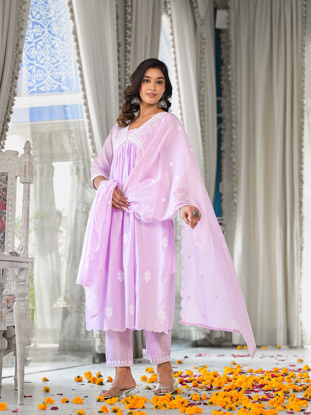 The Kurti Collection Women Lavender Embroidered A-Line Empire Kurta Paired With Tonal Bottom And Tonal Embroidered Dupatta