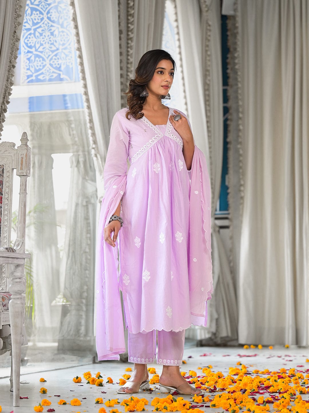 The Kurti Collection Women Lavender Embroidered A-Line Empire Kurta Paired With Tonal Bottom And Tonal Embroidered Dupatta