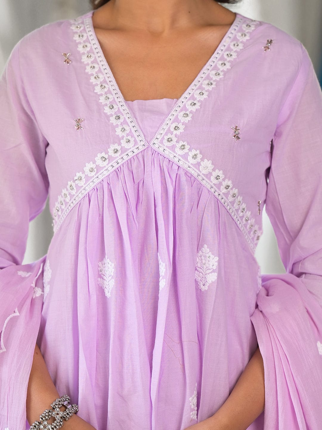 The Kurti Collection Women Lavender Embroidered A-Line Empire Kurta Paired With Tonal Bottom And Tonal Embroidered Dupatta