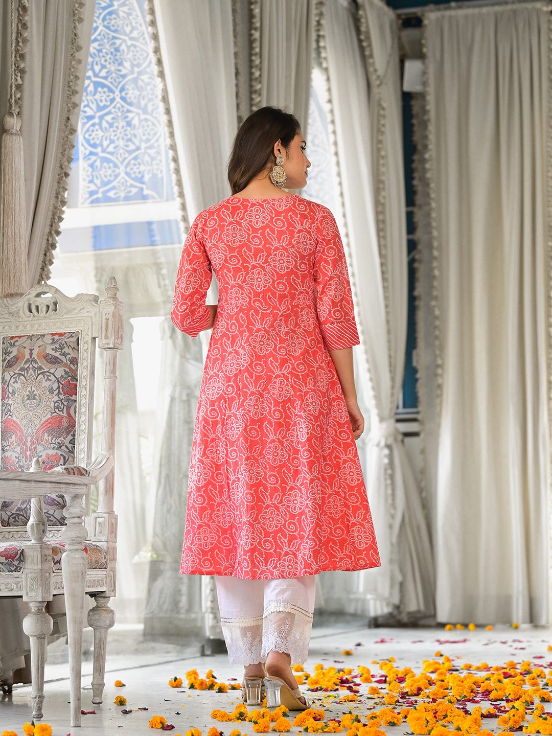 The Kurti Collection Women Peach And White Bandhani With Leheriya Mix Printed Anarkali Kurta With Gotta Work And Round Neck Js Vkur112510734