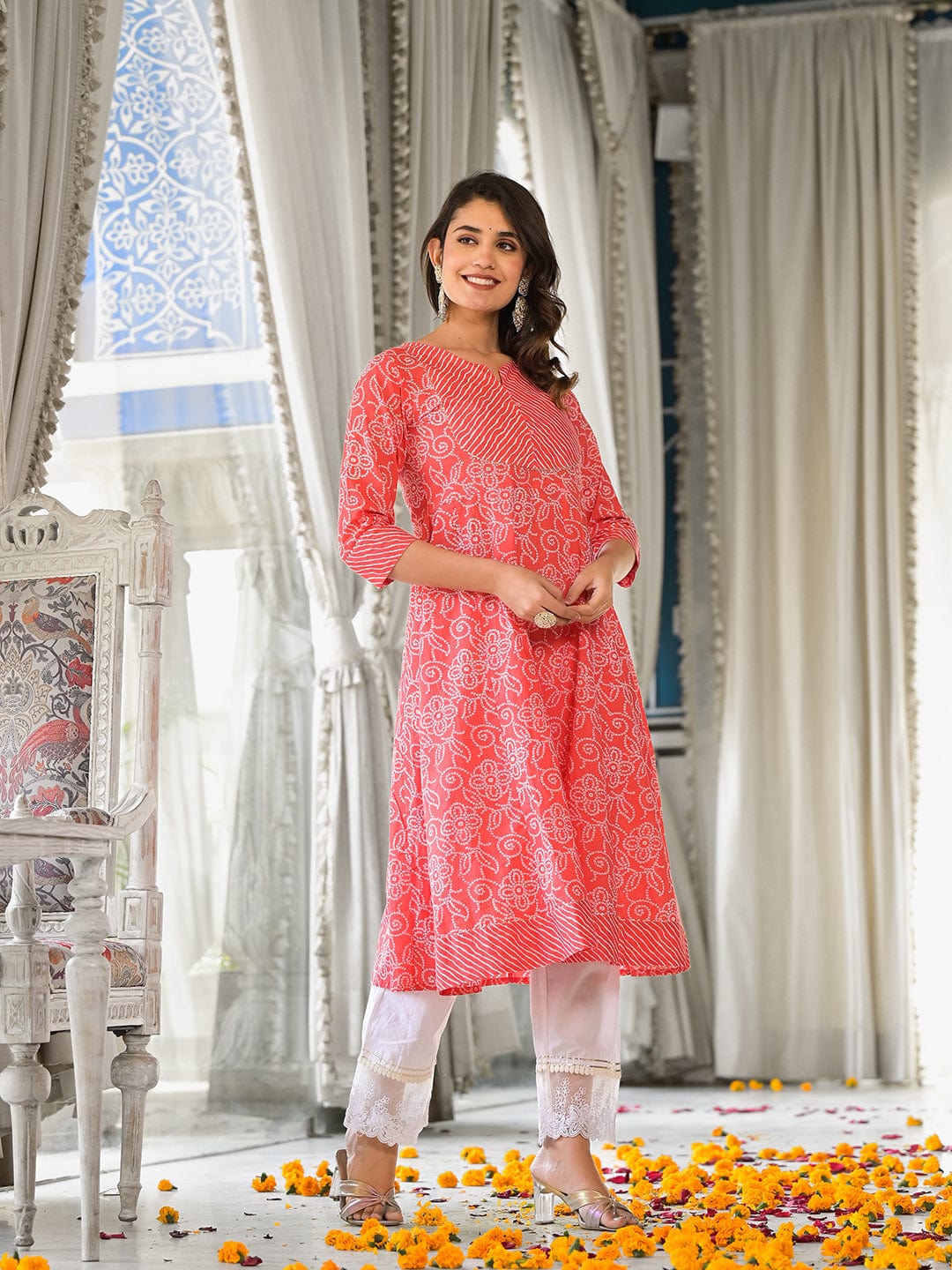 The Kurti Collection Women Peach And White Bandhani With Leheriya Mix Printed Anarkali Kurta With Gotta Work And Round Neck Js Vkur112510734