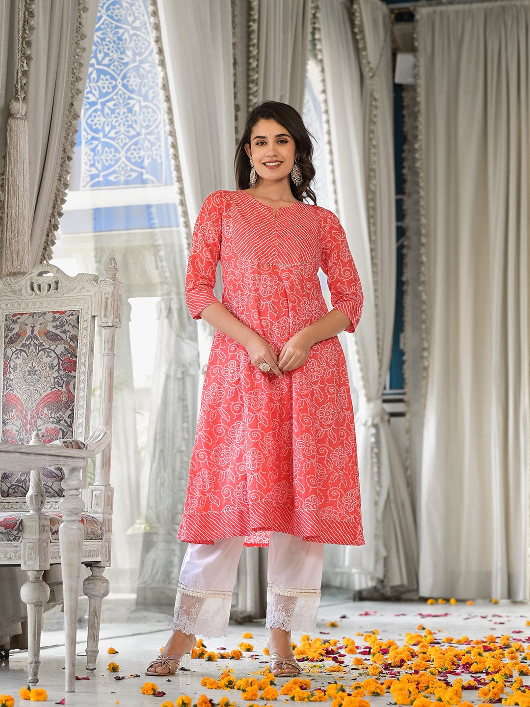 The Kurti Collection Women Peach And White Bandhani With Leheriya Mix Printed Anarkali Kurta With Gotta Work And Round Neck Js Vkur112510734