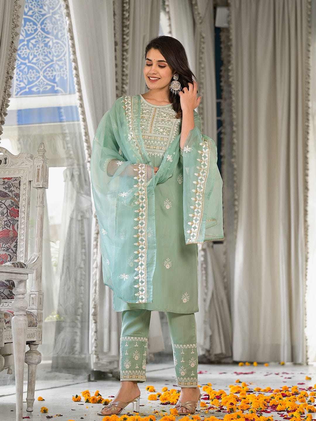 The Kurti Collection Women Sea Green Embroidered Kurta Paired With Tonal Trouser And Dupatta
