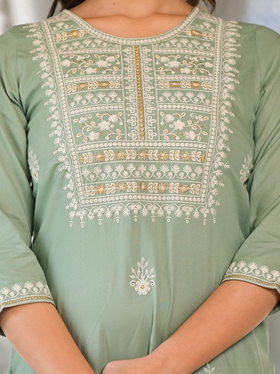 The Kurti Collection Women Sea Green Embroidered Kurta Paired With Tonal Trouser And Dupatta