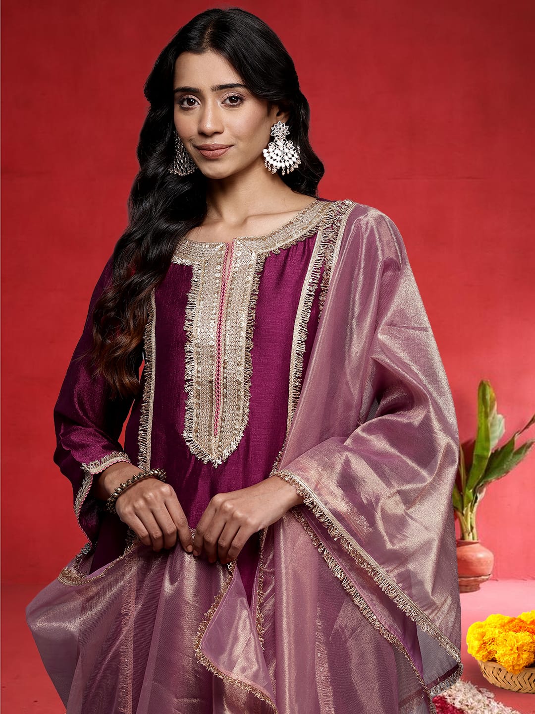Varanga Women Wine Zari Lace Embellished Anarkali Kurta With Trousers And Tissue Dupatta.