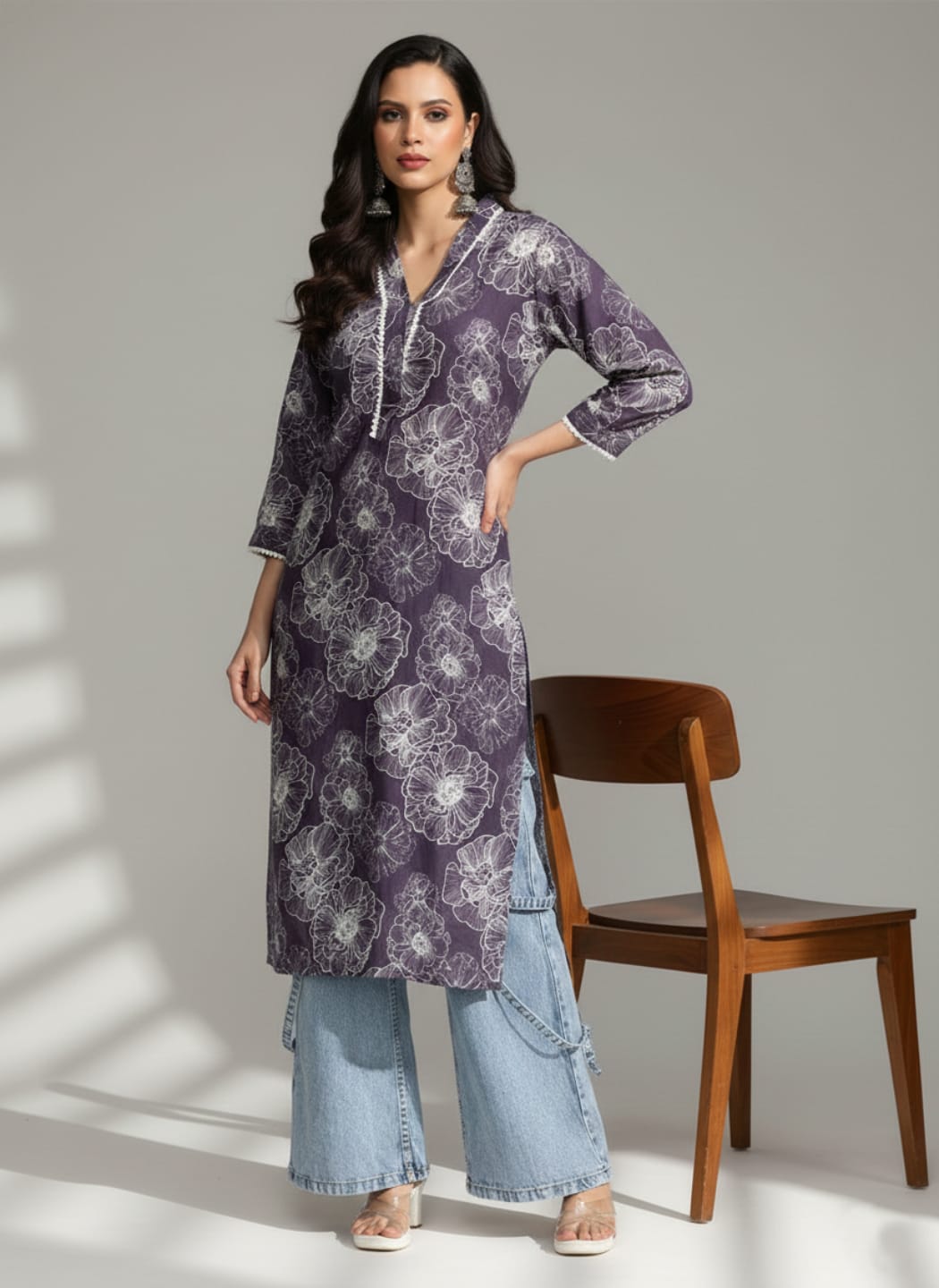 V Neck Kurta With Lace Detailing And Big Floral Print