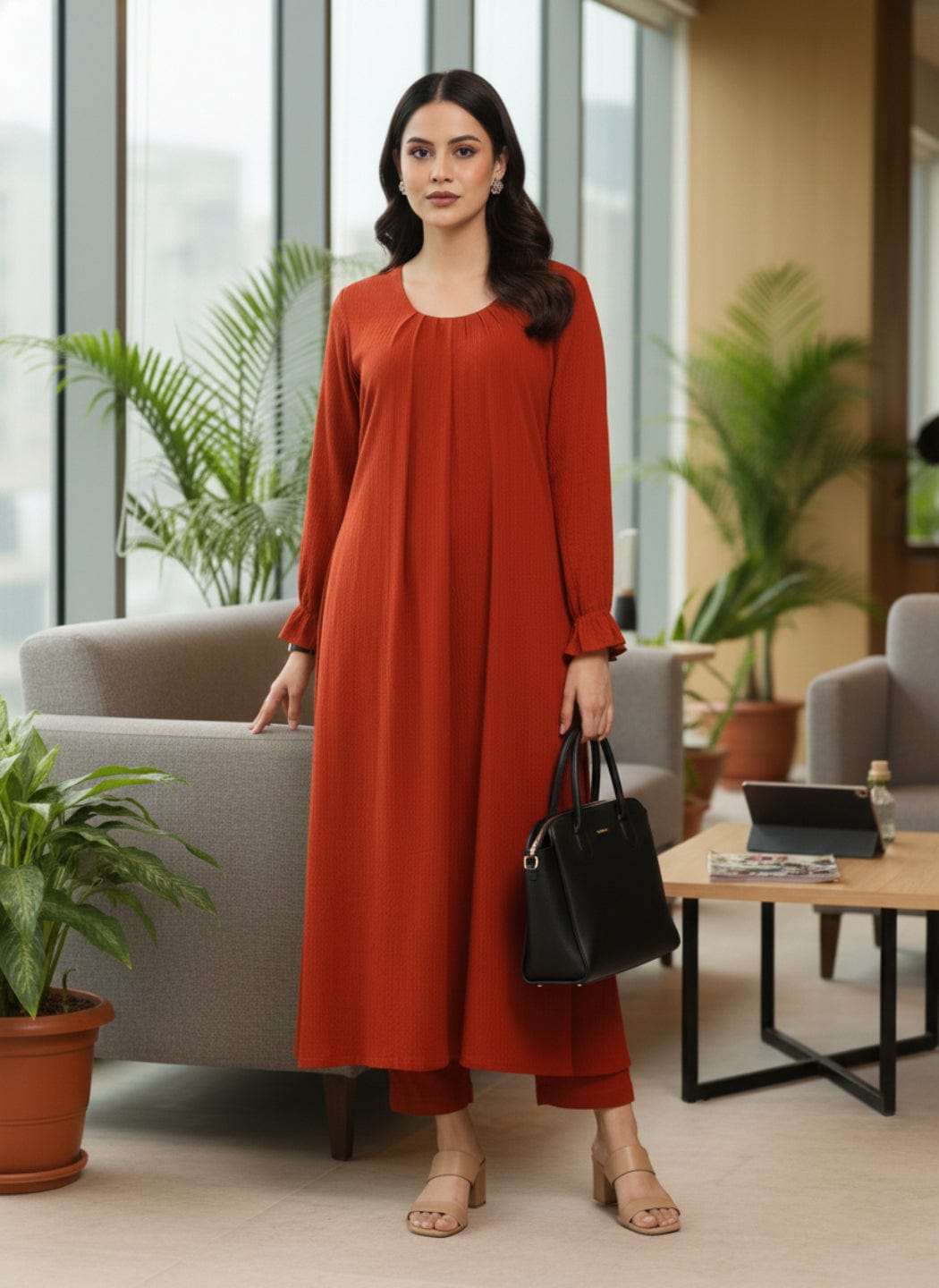 The Kurti Collection Women Rust Colour, Bishop Sleeve A-Line Kurta Paired With Tonal Bottom